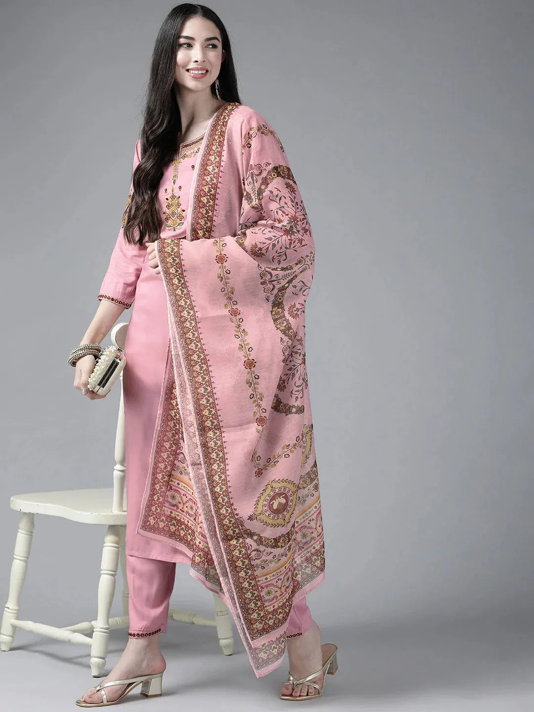 Pink Ethnic Motifs Embroidered Dupatta Set