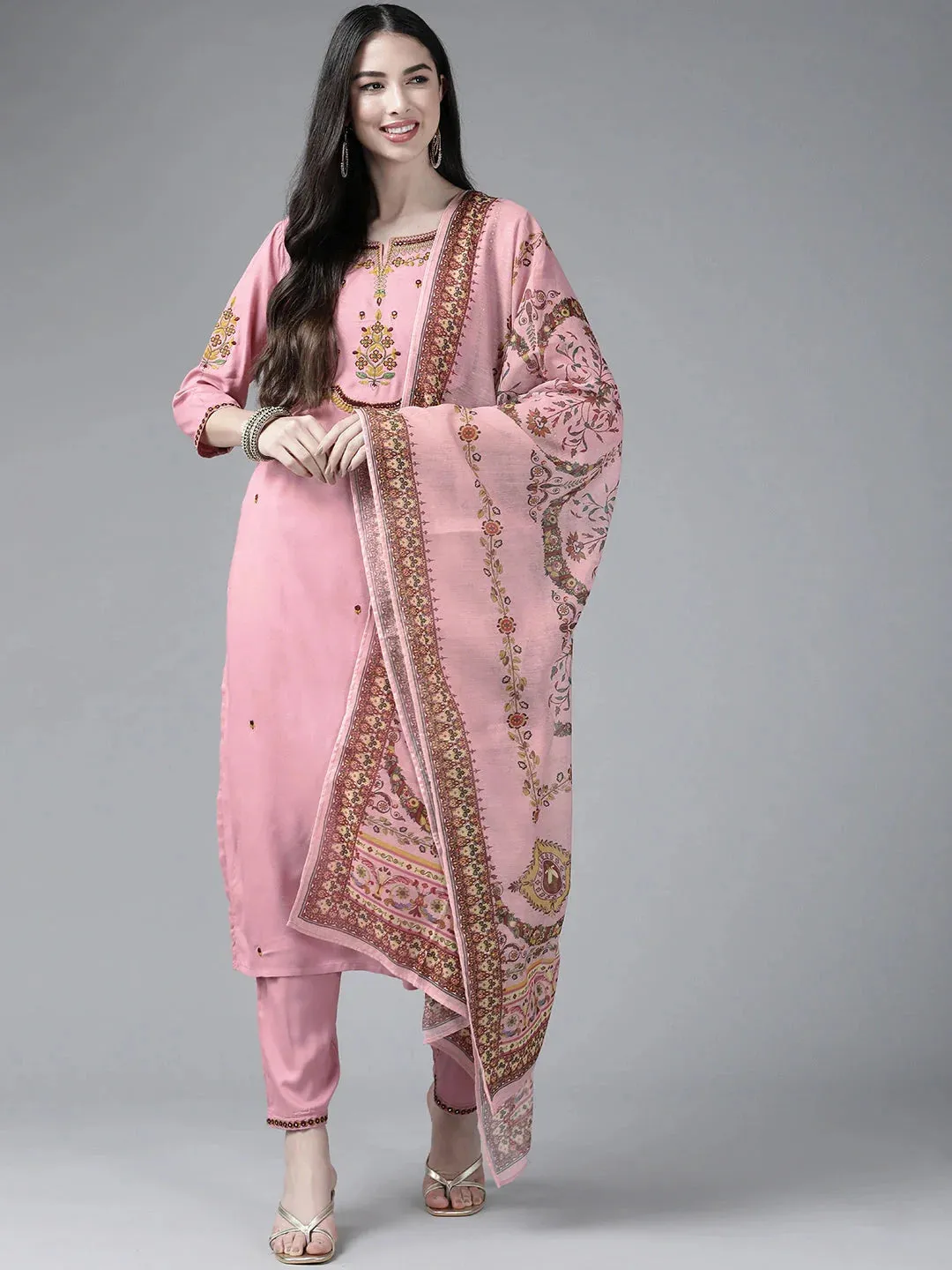 Pink Ethnic Motifs Embroidered Dupatta Set