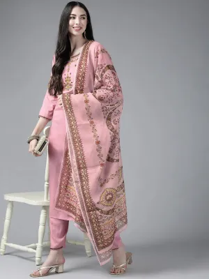 Pink Ethnic Motifs Embroidered Dupatta Set