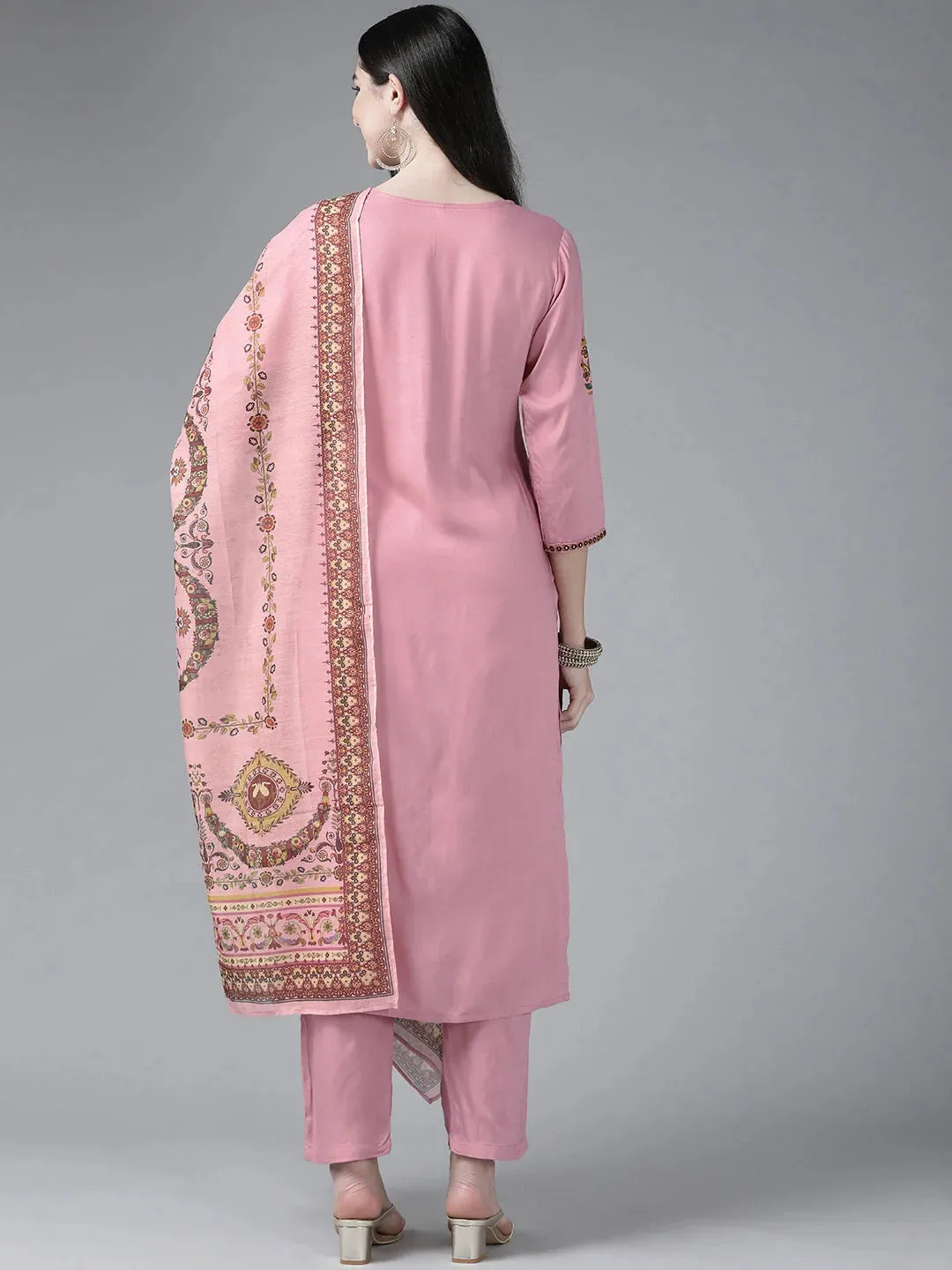 Pink Ethnic Motifs Embroidered Dupatta Set