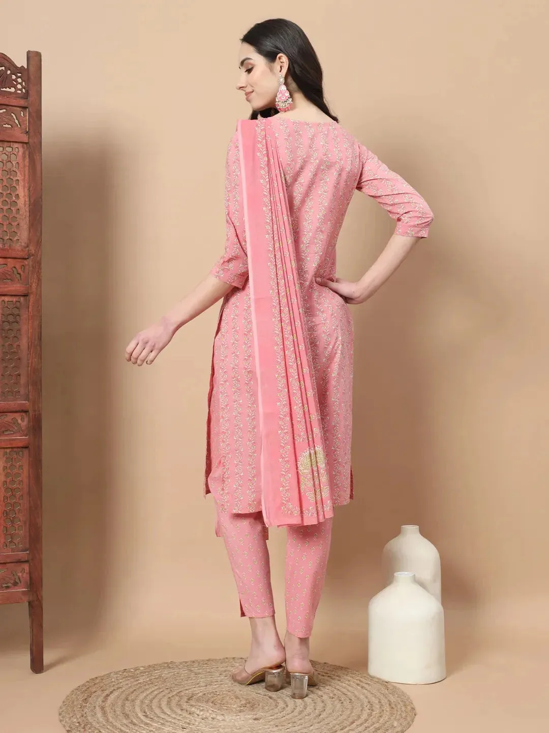 Pink Ethnic Motifs,Thread_Work Straight Kurta Trouser And Dupatta Set