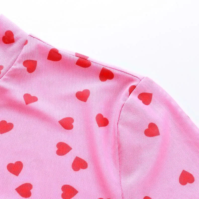 Pink Kawaii Cropped Top Heart Print Cute Short Sleeve Sexy Mesh Summer T Shirt