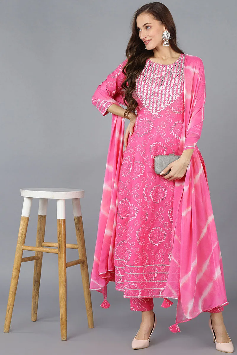 Pink Pure Cotton Bandhani Anarkali Kurta Trousers With Dupatta