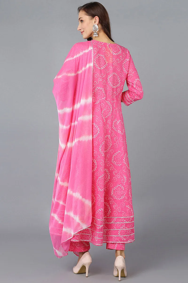 Pink Pure Cotton Bandhani Anarkali Kurta Trousers With Dupatta