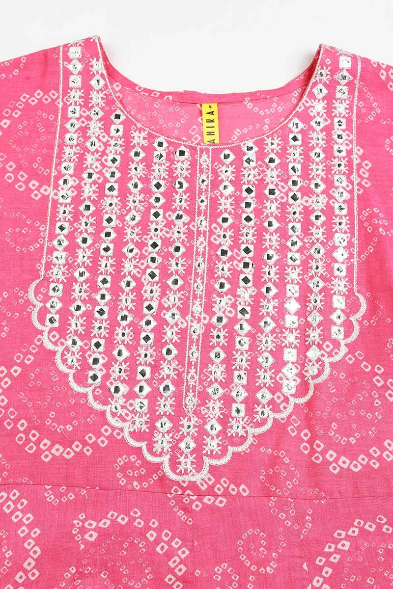 Pink Pure Cotton Bandhani Anarkali Kurta Trousers With Dupatta