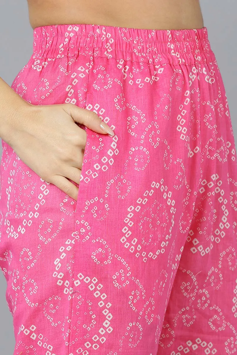 Pink Pure Cotton Bandhani Anarkali Kurta Trousers With Dupatta