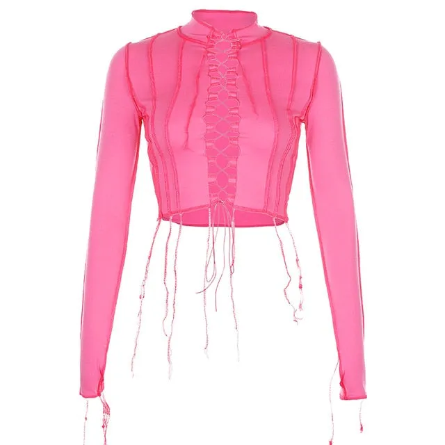 Pink Ribbed Hollow Out Sexy Party Cross Lace Up Crop Top Long Sleeve