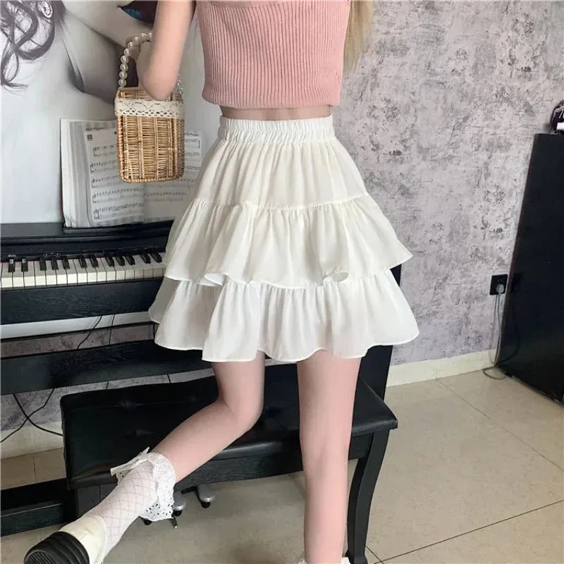 Pleated A-line Skirt White Women Ruffles Sweet Hottie Preppy Style Elastic Elastic Waist Slim Thin SimpleCasual Summer Wholesale