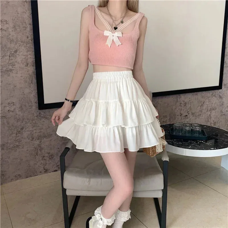 Pleated A-line Skirt White Women Ruffles Sweet Hottie Preppy Style Elastic Elastic Waist Slim Thin SimpleCasual Summer Wholesale