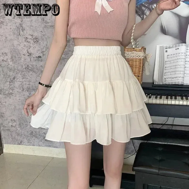 Pleated A-line Skirt White Women Ruffles Sweet Hottie Preppy Style Elastic Elastic Waist Slim Thin SimpleCasual Summer Wholesale