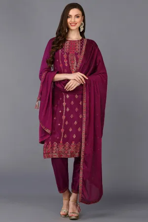 Poly Silk Maroon Embroidered Straight Suit Set