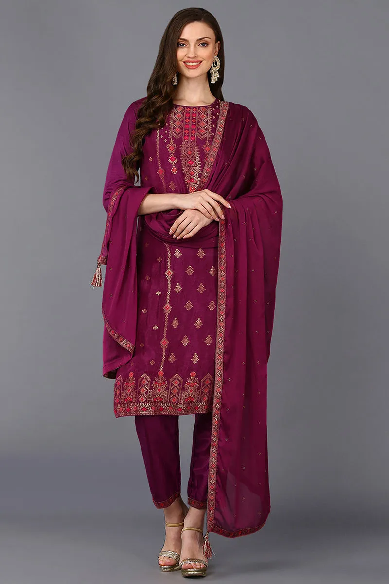 Poly Silk Maroon Embroidered Straight Suit Set