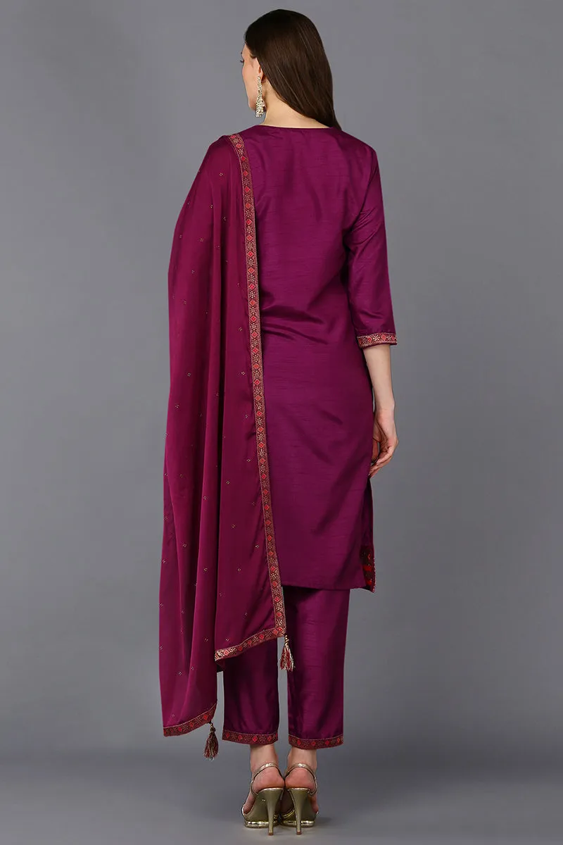 Poly Silk Maroon Embroidered Straight Suit Set