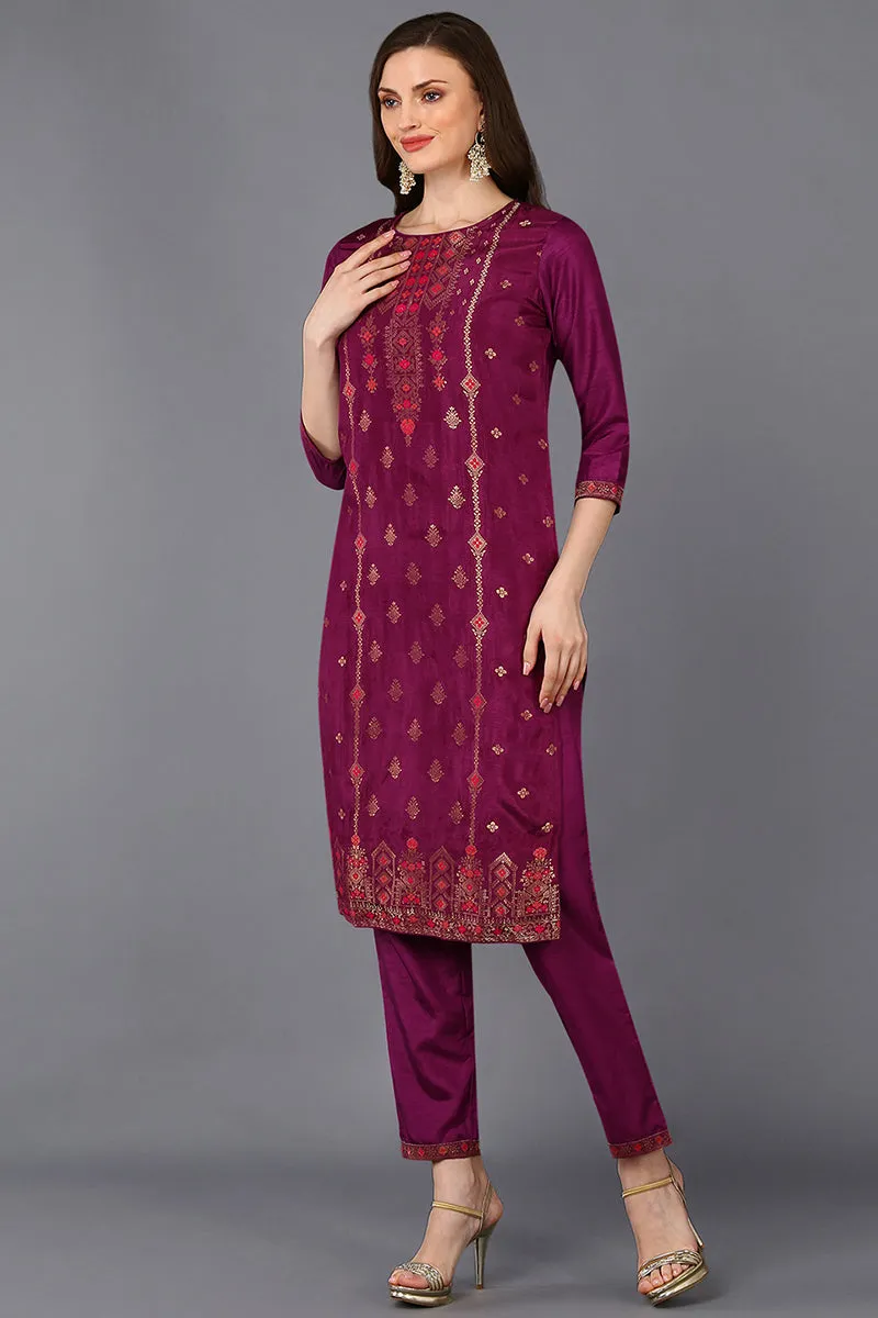 Poly Silk Maroon Embroidered Straight Suit Set