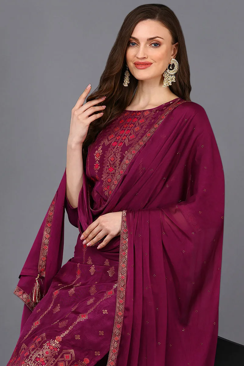 Poly Silk Maroon Embroidered Straight Suit Set