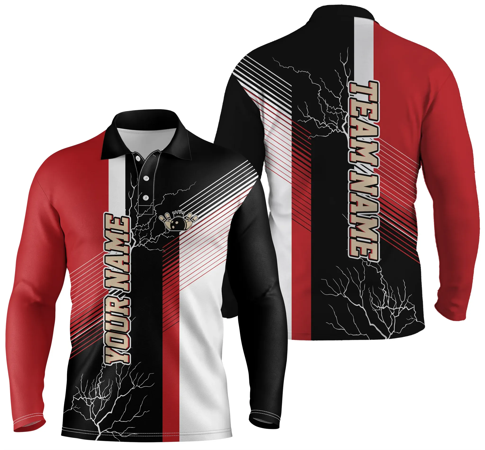 Red And Black Plaid Pattern Custom Bowling Long Sleeve Polo Shirts For Men, Team Bowling Jerseys