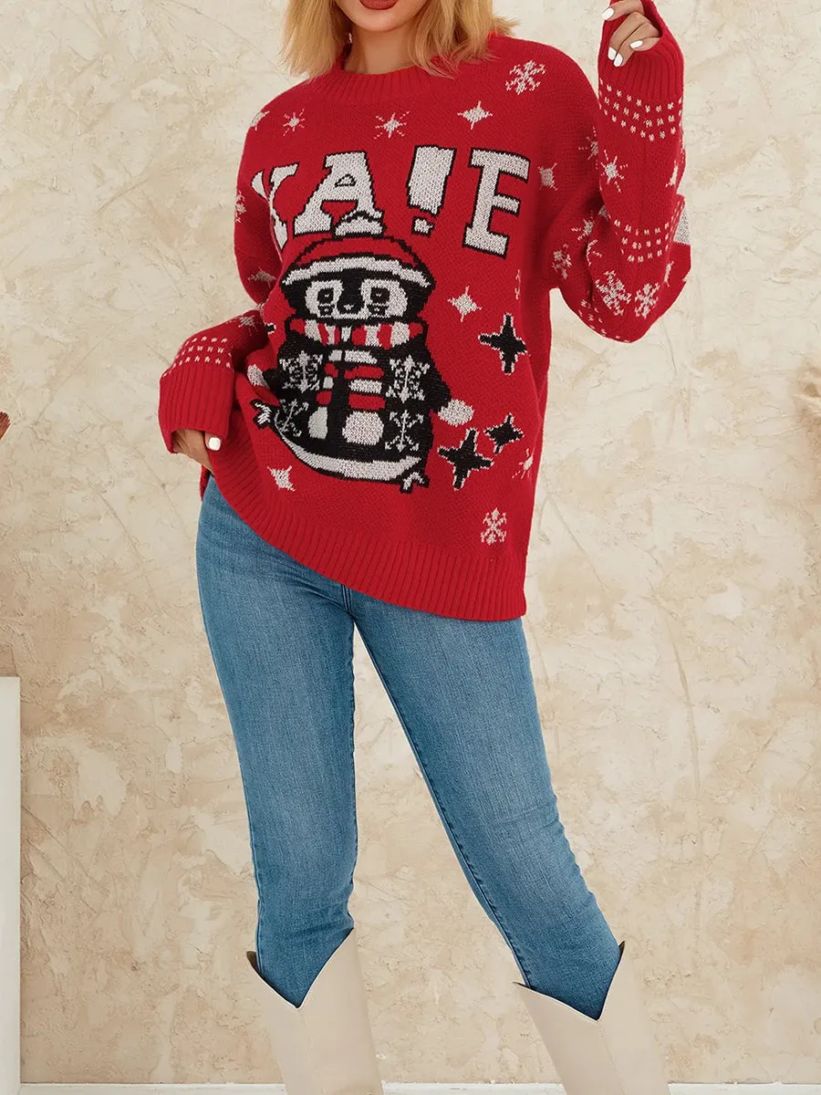 Reindeer Pattern Crew Neck Long Sleeve Knit Christmas Sweater