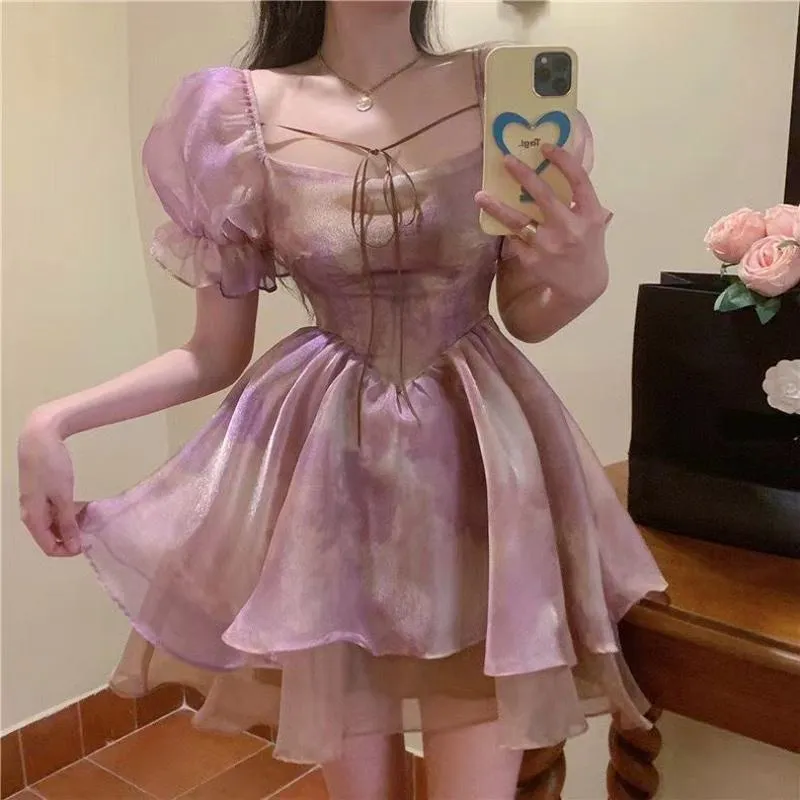 Romantic French Style Elegance Tie-Dye Light Elastic Purple Bubble Sleeve Dress