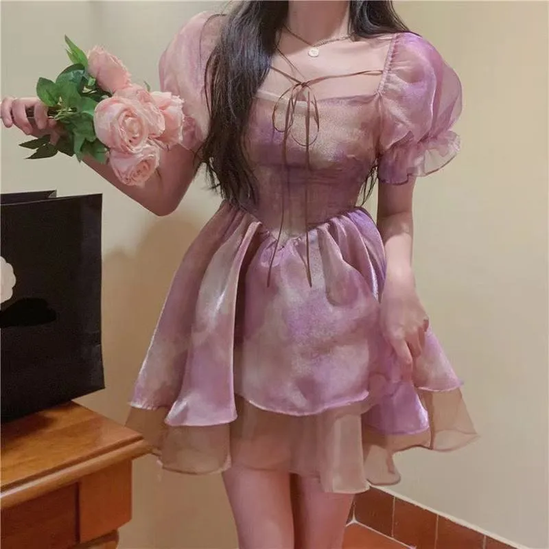 Romantic French Style Elegance Tie-Dye Light Elastic Purple Bubble Sleeve Dress