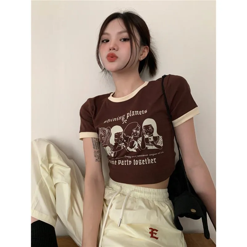 Round Neck Slim-Fit Color Blocking Navel-Baring Cropped Short Sleeve Tee