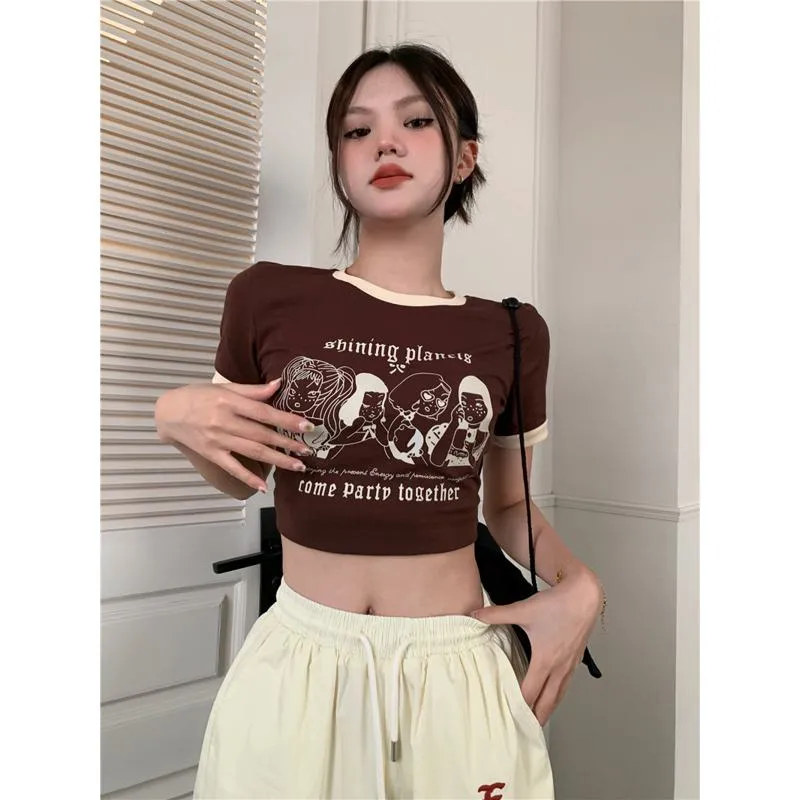 Round Neck Slim-Fit Color Blocking Navel-Baring Cropped Short Sleeve Tee