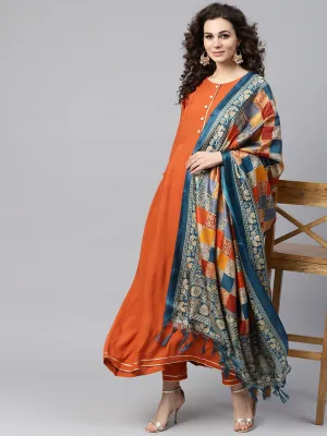 Rust Orange A-Line Kurta Set With Pants & Bhagalpuri Printed Dupatta