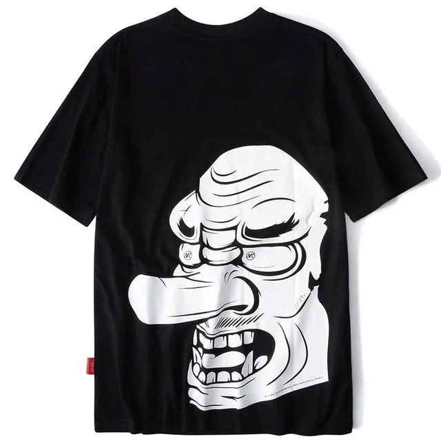 Samurai Tengu Mask Printed Hip Hop Streetwear Loose Tees