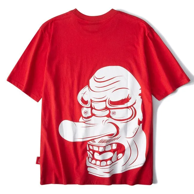 Samurai Tengu Mask Printed Hip Hop Streetwear Loose Tees