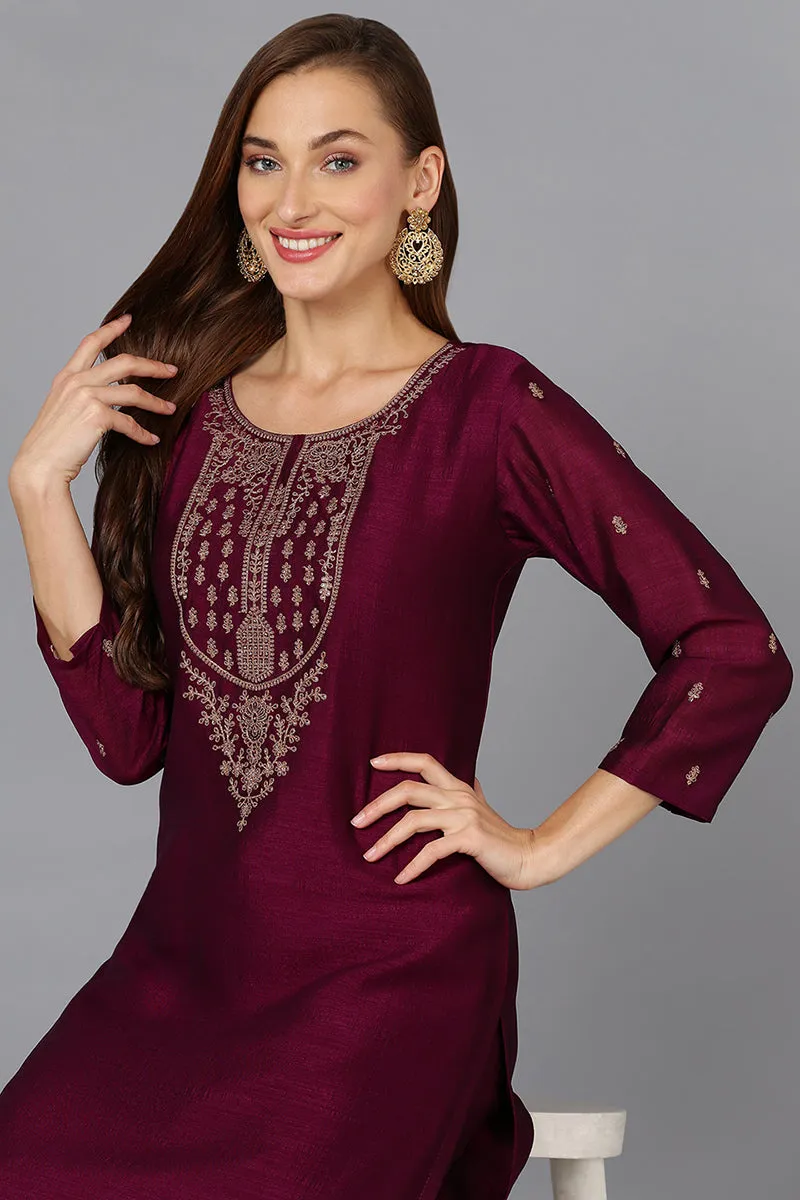 Silk Blend Wine Embroidered Kurta With Pant