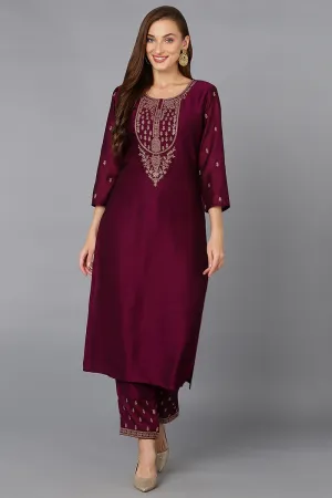 Silk Blend Wine Embroidered Kurta With Pant