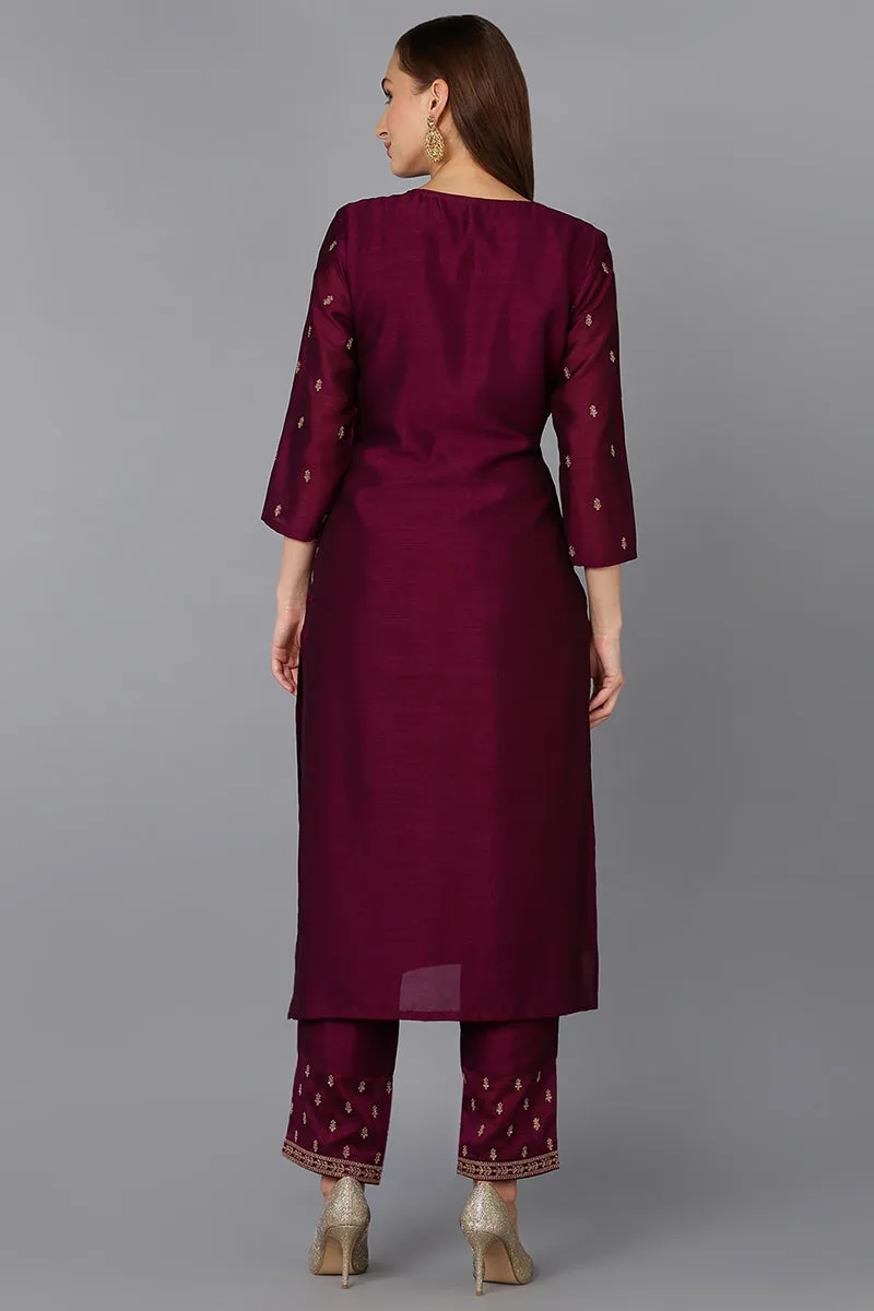 Silk Blend Wine Embroidered Kurta With Pant