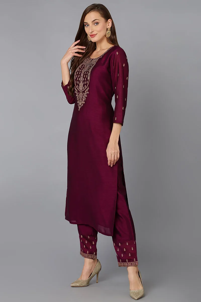 Silk Blend Wine Embroidered Kurta With Pant