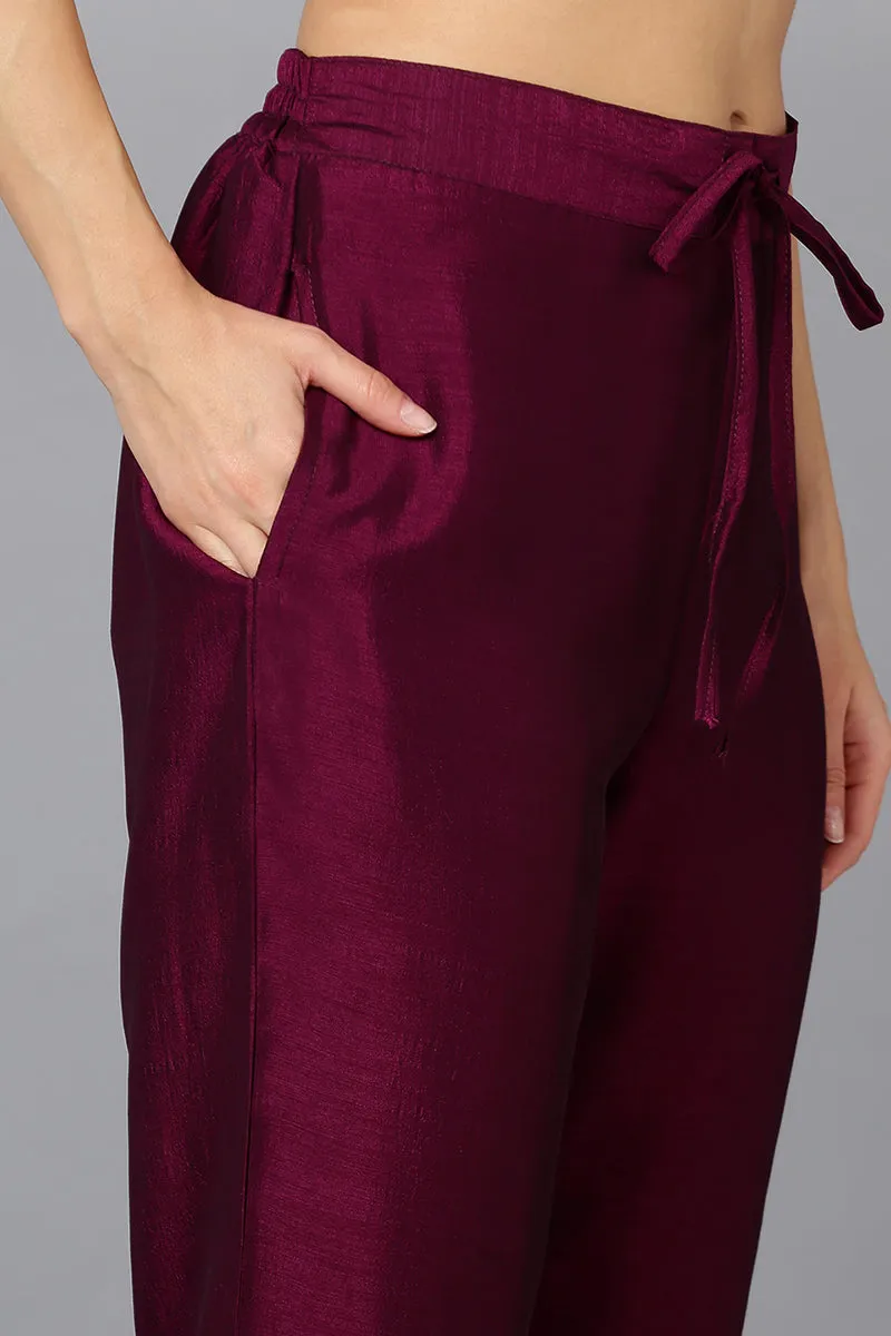 Silk Blend Wine Embroidered Kurta With Pant