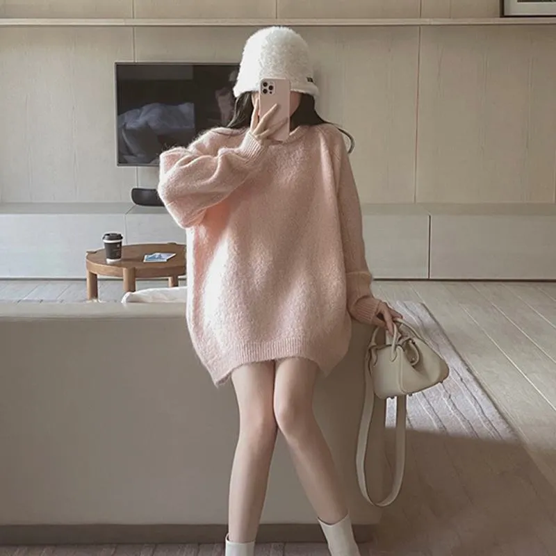 Simplicity Round Neck Midi Pink Versatile Knitted Lazy Anti-Aging Sweater