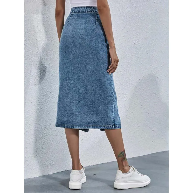 Single Breasted Knee Length Denim Skirt Women Casual High Waist Skirt