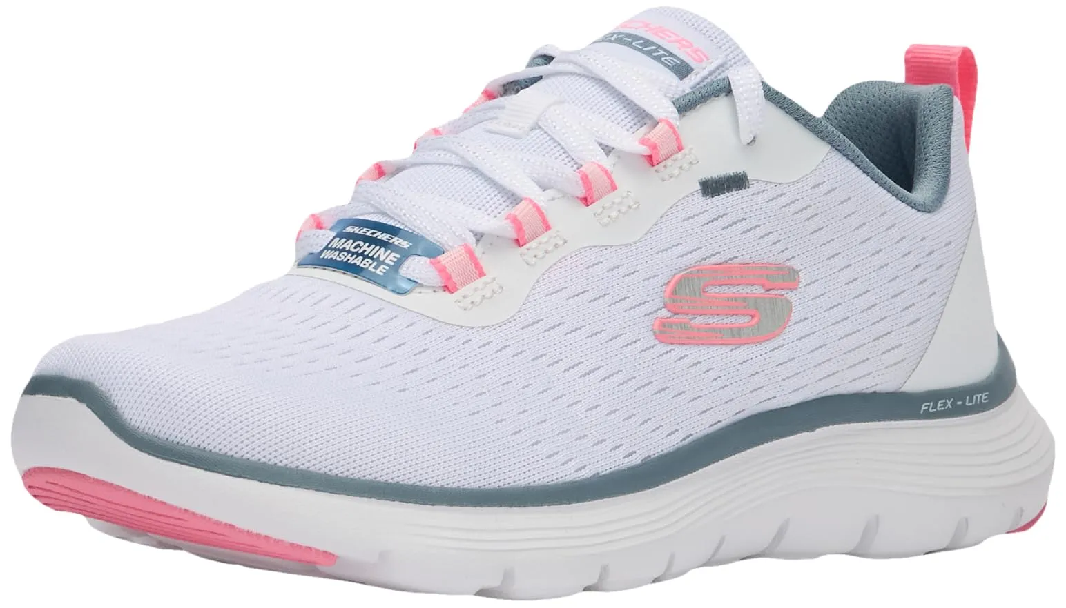 Skechers Women's Flex Appeal 5.0 Sneaker, White Mesh Pink Light Blue Trim