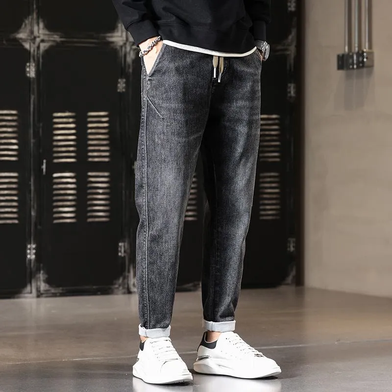 Slim-Fit Straight Casual Elastic Waist Drawstring High Quality Loose Fit Jeans