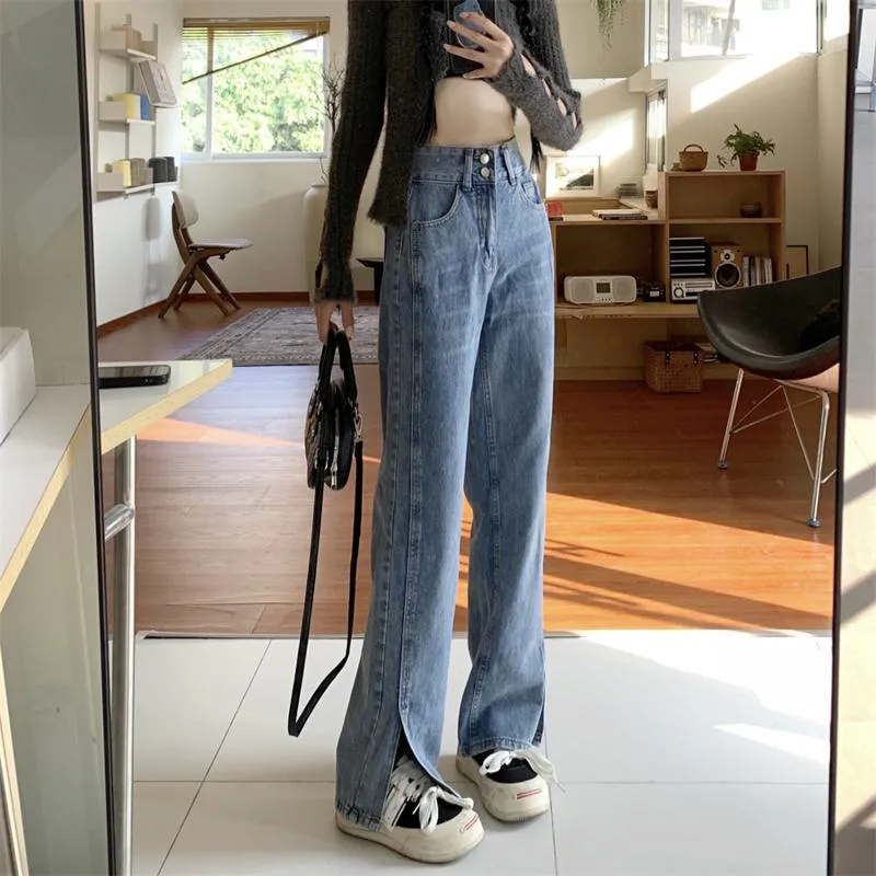 Slimming Floor-Length Plus Light-Colored High-Waisted Wide-Leg Split Jeans