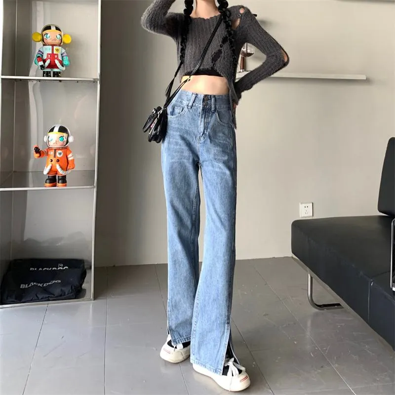 Slimming Floor-Length Plus Light-Colored High-Waisted Wide-Leg Split Jeans