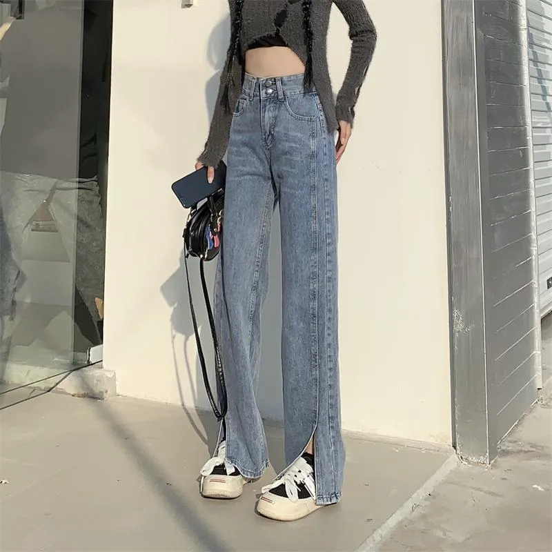 Slimming Floor-Length Plus Light-Colored High-Waisted Wide-Leg Split Jeans