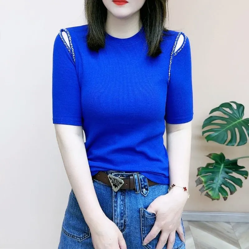 Slimming Niche Slightly Dropped Shoulder Medium Sleeve Versatile Chic Short Sleeve Tee