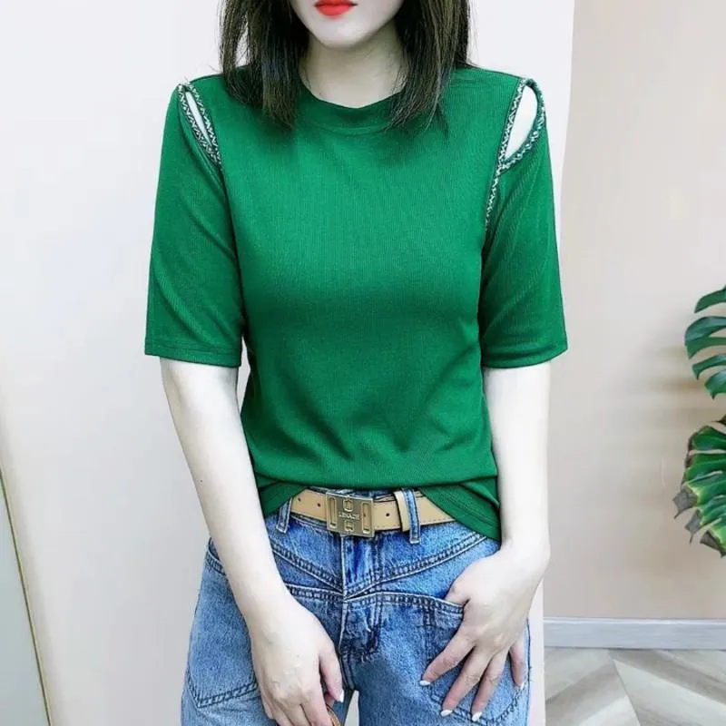 Slimming Niche Slightly Dropped Shoulder Medium Sleeve Versatile Chic Short Sleeve Tee