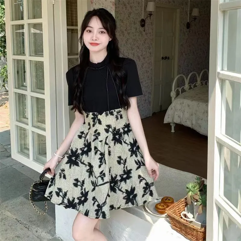 Slimming Retro A-Line Skirt Belly-Covering Faux Two-Piece Dress