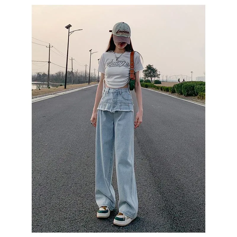 Slimming Thin High-Waisted Floor-Length Loose Fit Draping Straight Jeans