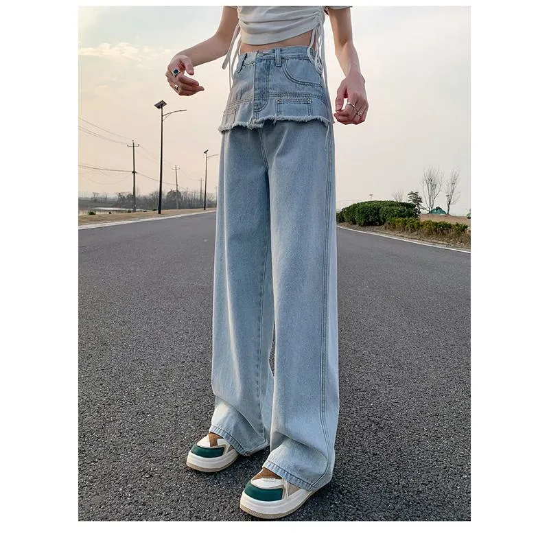 Slimming Thin High-Waisted Floor-Length Loose Fit Draping Straight Jeans