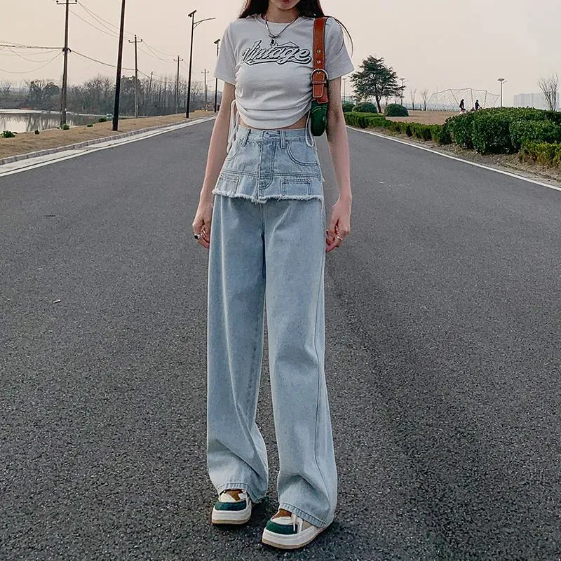 Slimming Thin High-Waisted Floor-Length Loose Fit Draping Straight Jeans