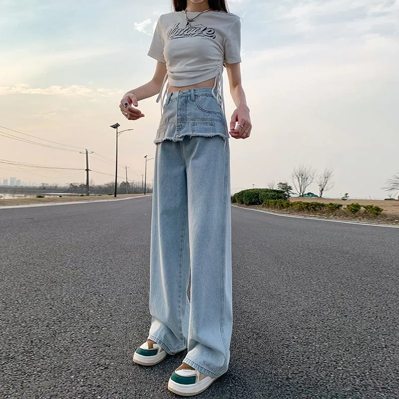 Slimming Thin High-Waisted Floor-Length Loose Fit Draping Straight Jeans