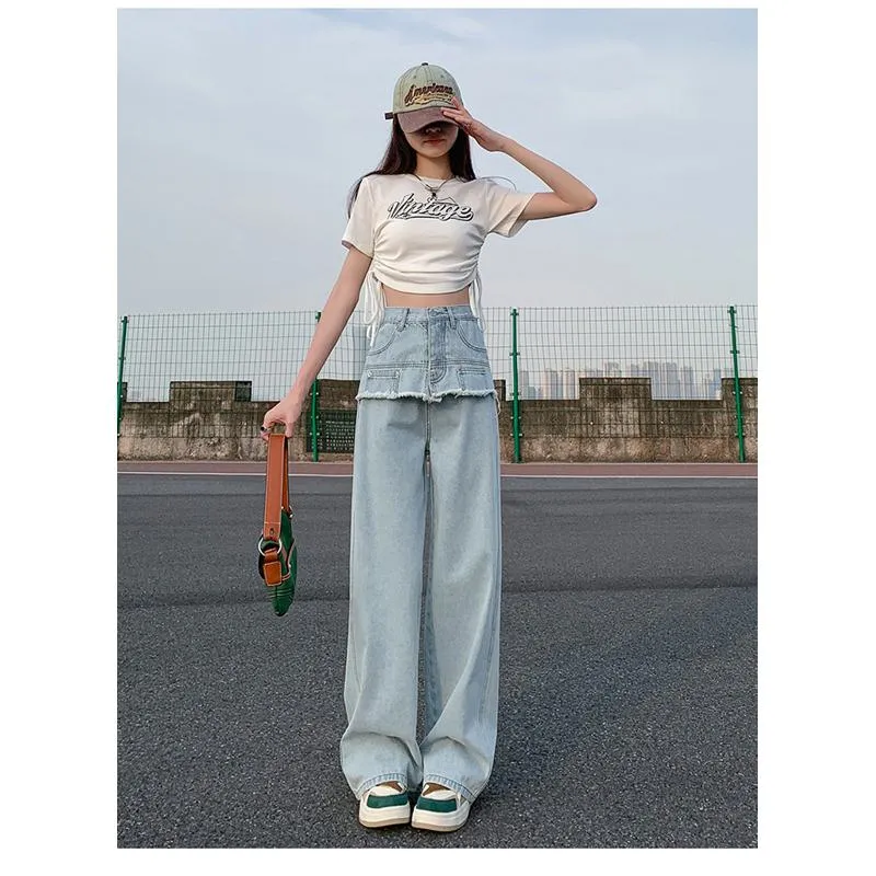 Slimming Thin High-Waisted Floor-Length Loose Fit Draping Straight Jeans