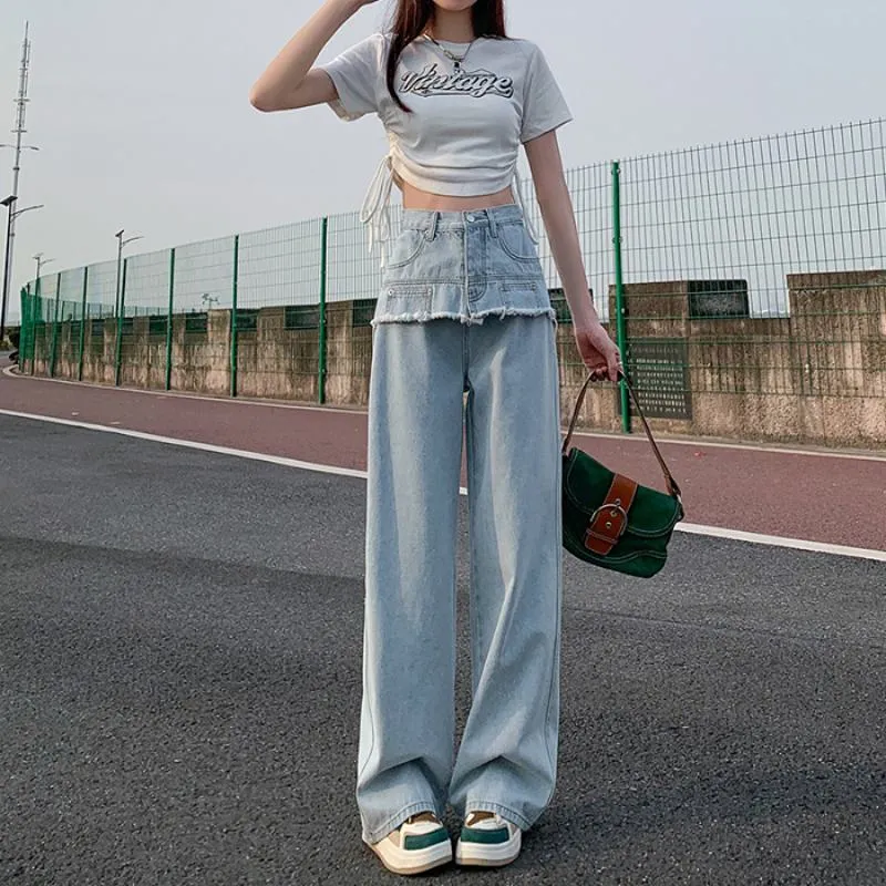 Slimming Thin High-Waisted Floor-Length Loose Fit Draping Straight Jeans