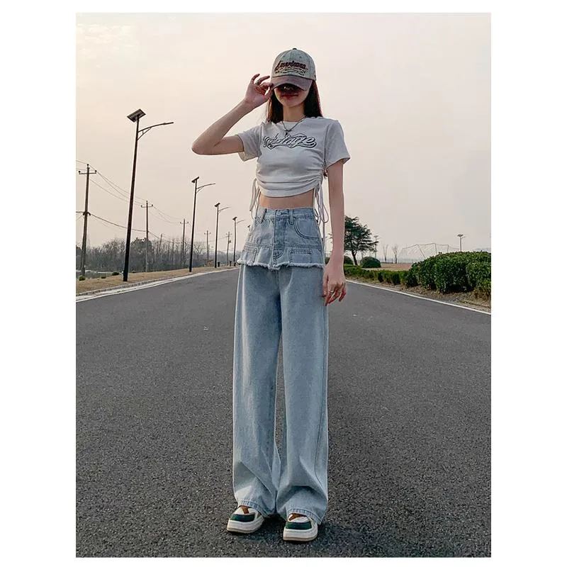 Slimming Thin High-Waisted Floor-Length Loose Fit Draping Straight Jeans